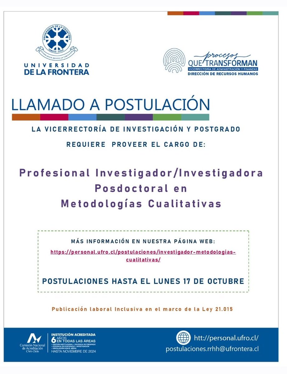 Atención! Tenemos un concurso abierto hasta el 17 de octubre para un cargo postdoctoral por dos años para el proyecto <a href="/REDibuja_CL/">REDIBUJA - Proyecto de bienestar en la niñez</a>. Ver bases y detalles aquí personal.ufro.cl/postulaciones/…