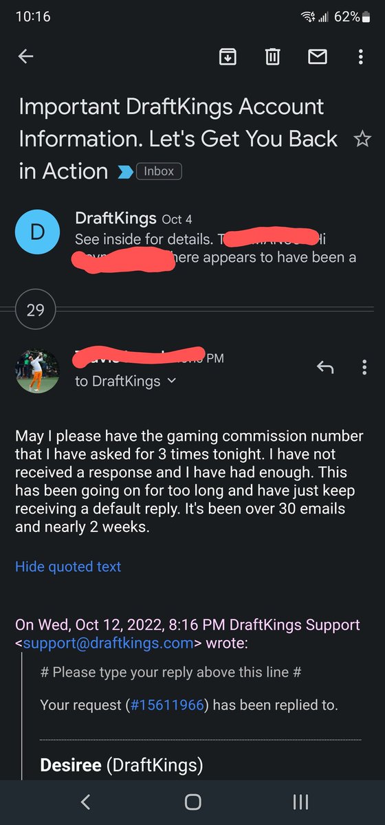 TravLeech's tweet photo. @DraftKings @DKSportsbook 
I understand Custer service is clearly not a strength;however, I've veen asking for a gaming commission number for over a week now and have not received one. May I please get one https://t.co/Y2lZ7OUeHS