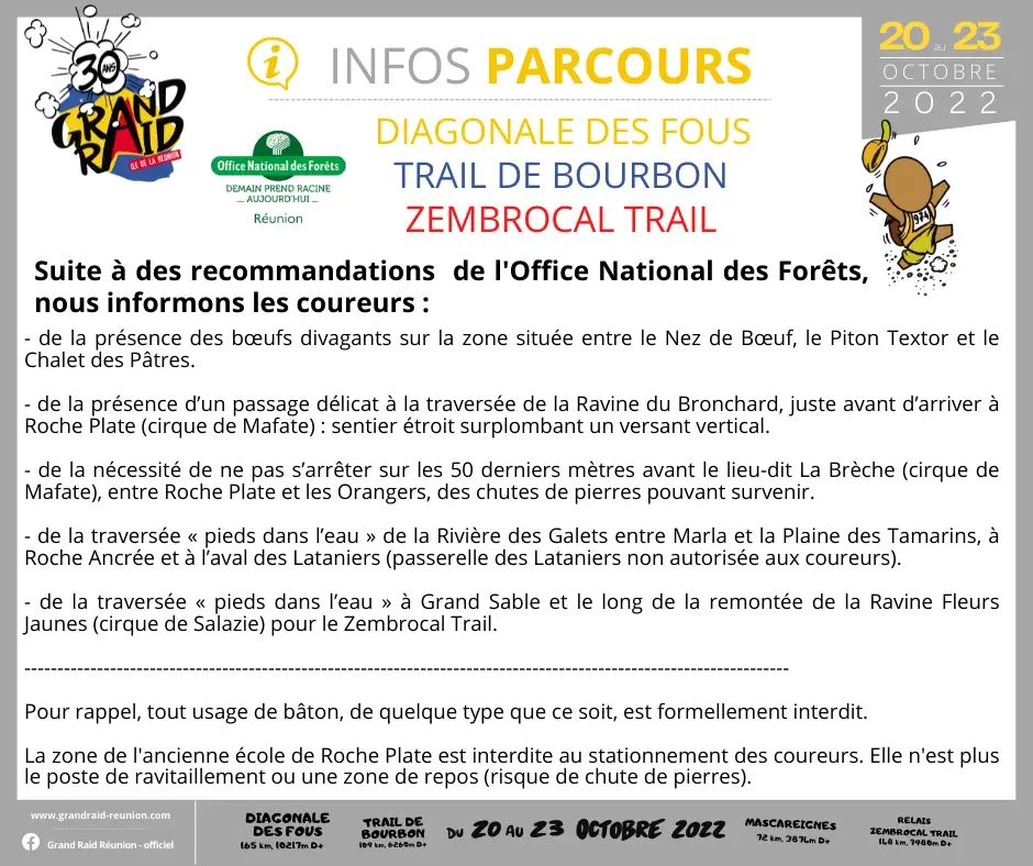 Quelques recommandations pour les coureurs.
Rappel : l'ancienne école de Roche Plate n'est plus un point de ravitaillement. Il est interdit de s'y installer. Et le ravitaillement hors zone est interdit par le règlement.