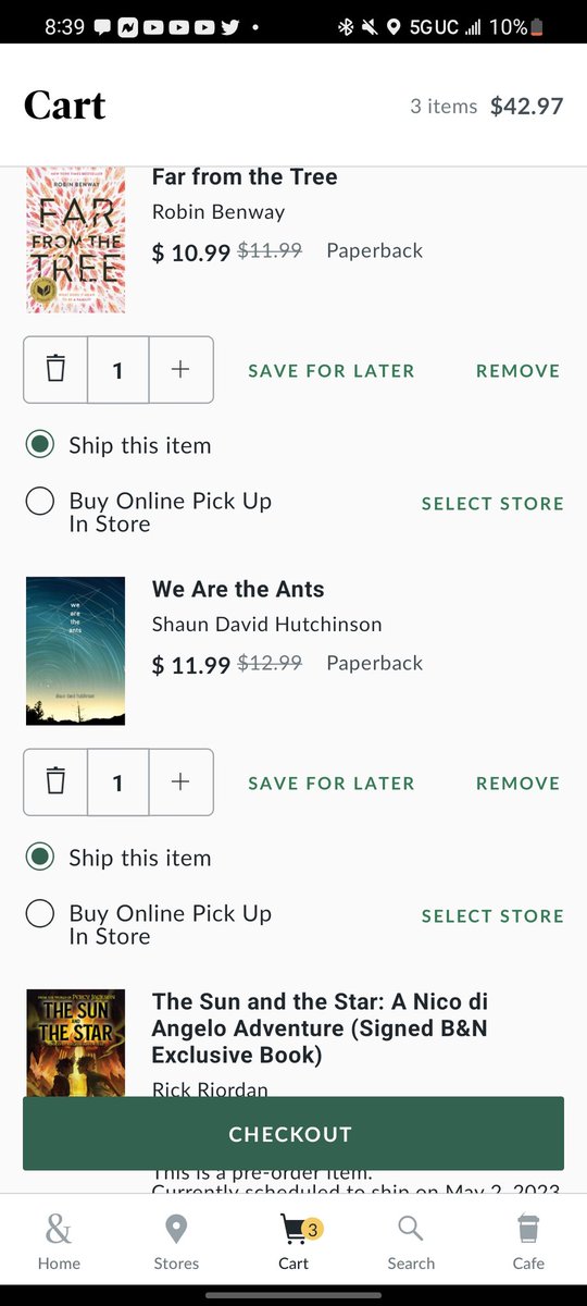 Mr_90slifestyle's tweet photo. I've been waiting for over 5 years for Barnes and Nobles to make a legit app... and it's finally here so here is the first 3 books in my cart!! #Barnesandnoble #cart #app #BookLover #Reading #readersoftwitter #wearetheants #thesunandthestar #farfromthetree #unionsquare #books https://t.co/9gGgp52hQz