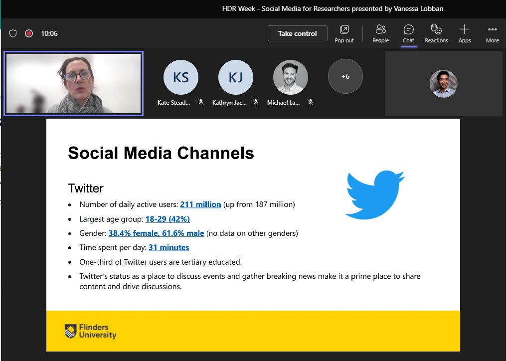 chitchadkitchen's tweet photo. A tweet about Twitter ๐ social media for researchers presented by Vanessa Lobban happening now! @FlindersCFI @FlindersCNHS #hdrweek #research https://t.co/GhBSC6KtcI