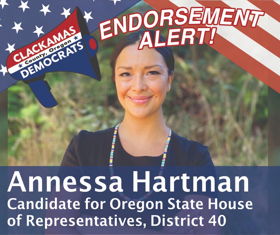 The Democratic Party of Clackamas County is proud to endorse Gladstone City Councilor Annessa Hartman for election to the Oregon State House of Representatives for the 40th District, portions of which includes Gladstone and Oregon City, and Clackamas.
annessafororegon.com