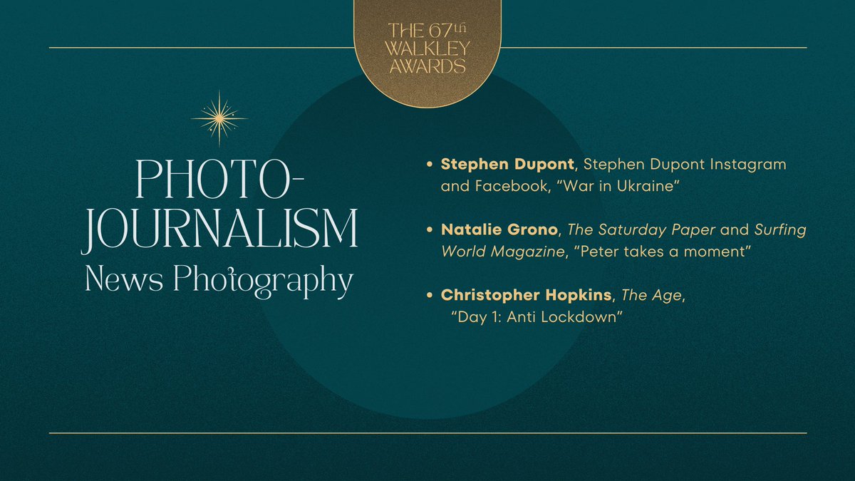 The finalists for News Photography are: Stephen Dupont, Instagram and Facebook; Natalie Grono, @SatPaper and Surfing World Magazine; Christopher Hopkins (@CNHop), @TheAge. See hero images from all photography finalists on our website at walkleys.com/spotlight-on-2… #walkleys