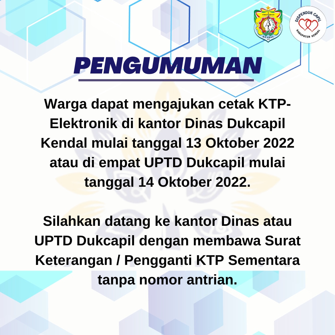 capilkendal's tweet photo. Pengumuman - Bagi warga yang pernah mengajukan cetak KTP dan mendapat surat keterangan/pengganti KTP sementara sudah bisa mengajukan kembali cetak ulang KTP ke kantor Dinas Dukcapil (mulai tanggal 13 Oktober 2022) atau... (lanjutan)
#DispendukcapilKendal https://t.co/LqNWUjsEJ6