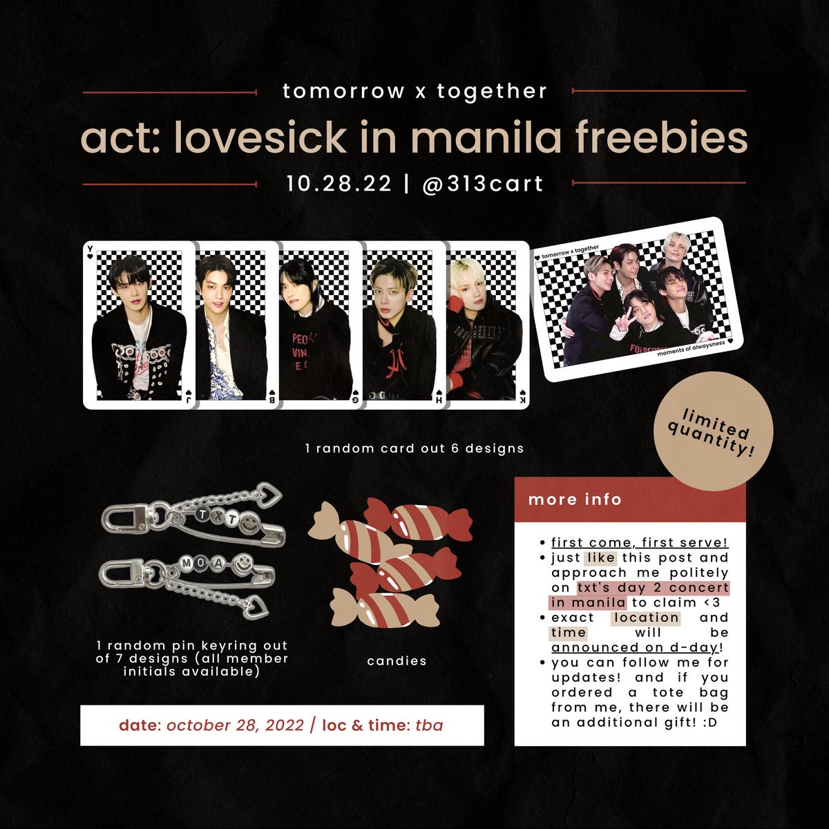 ꒰ txt act: lovesick manila freebies ꒱ hello fellow filo moas! i'll be giving away these freebies on tubatu's day 2 concert here 🤍 just like this post to claim. first come, first serve as the quantity is limited 🫶🏻 🗓 10.28.2022 📍tba on d-day