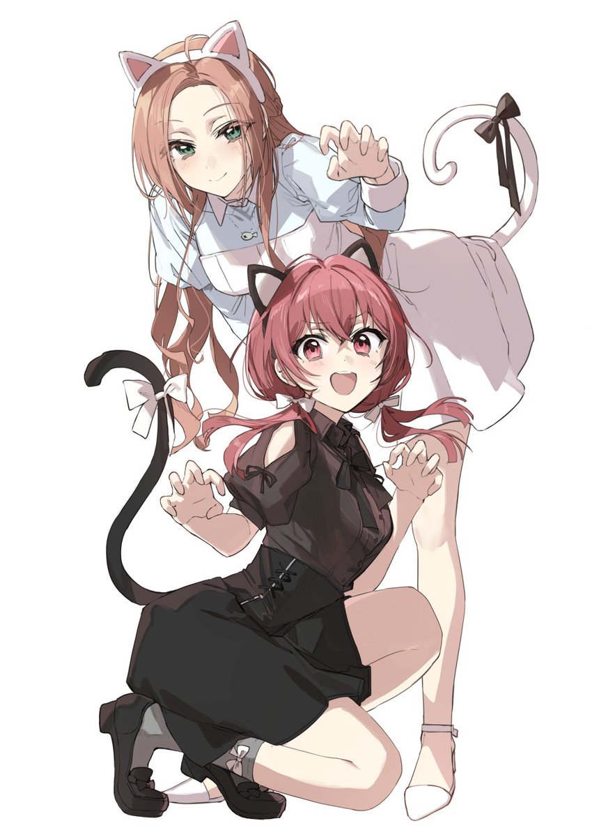 multiple girls 2girls animal ears tail cat ears twintails green eyes  illustration images