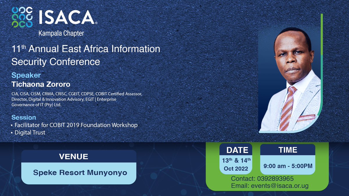 ISACAKampala's tweet photo. We are having a deep dive session on Digital Trust by Tichaona Zororo.

Please follow this thread for highlights from the session: 

#Infosec2022
#CybersecurityMonth https://t.co/BWOggODrkL