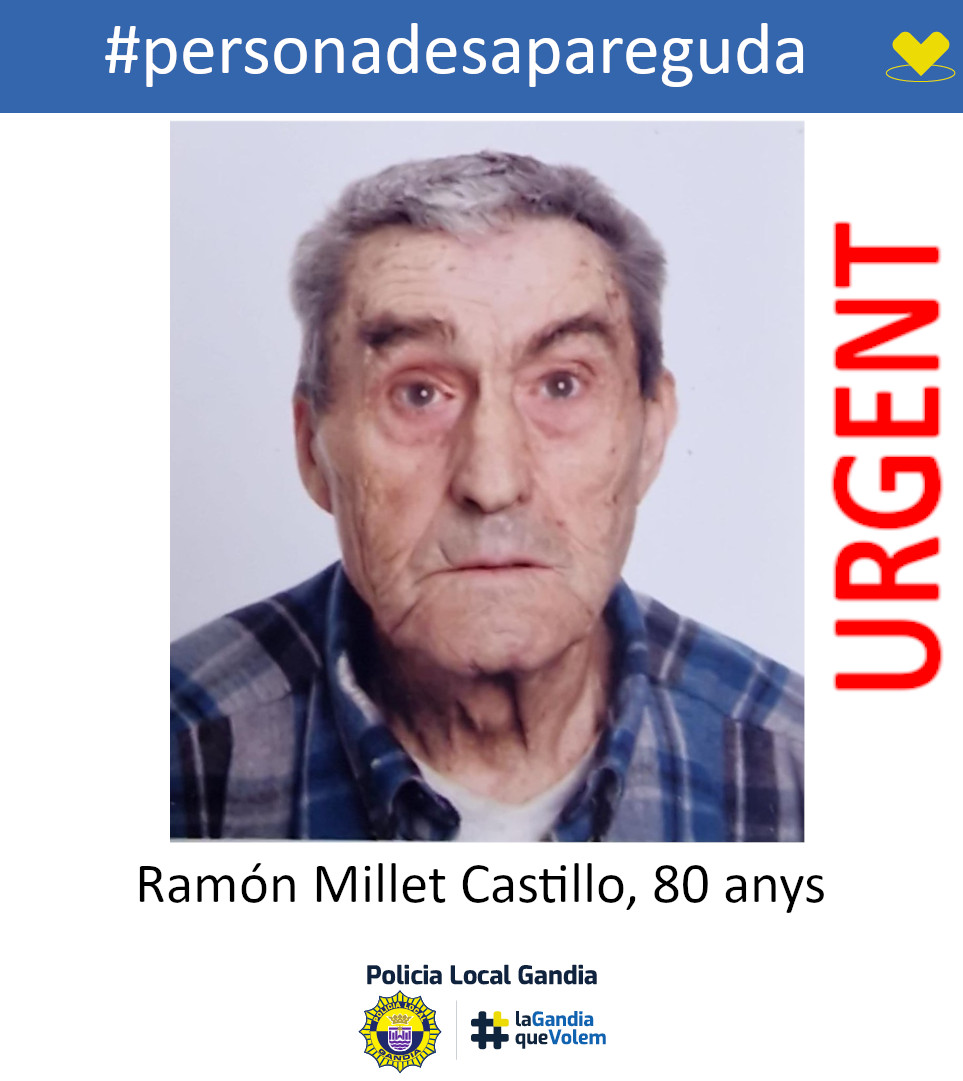 🆘Ajuda'ns a trobar-lo!

Persona desapareguda des d'ahir pel matí. Zona Renfe
de Gandia. Anava vestit amb camisa a quadres roja i
jersei blau damunt. Pantaló gris:

Ramón Millet Castillo, 80 anys.

Si tens informació crida l´📞1 1 2
<a href="/aj_gandia/">Ajuntament de Gandia</a>  <a href="/policia/">Policía Nacional</a> 
#personadesapareguda