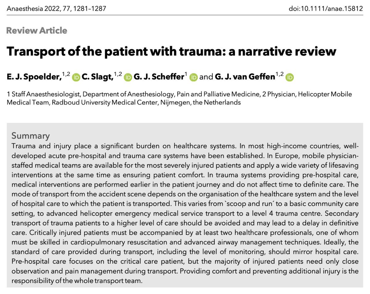 🔐Transport of the patient with trauma: a narrative review. This great new #FreeForever #OpenAccess review appears in the November issue and our 'emergencies' special collection. 🔗…-publications.onlinelibrary.wiley.com/doi/10.1111/an…