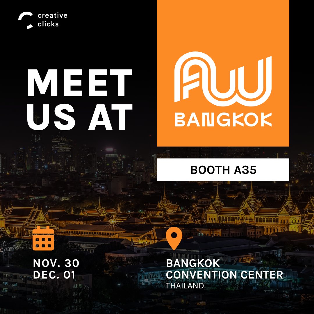 _creativeclicks's tweet photo. We are excited to announce our attendance at the @awconferences in Bangkok from November 30th to December 1st. Come visit us at booth A35.
To schedule a meeting with us, please send an email to: sales@creativeclicks.com.
#creativeclicks #ccevents https://t.co/DBKyflbR00