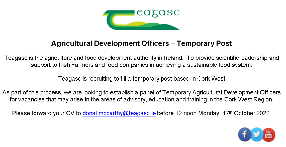 ClonakiltyAg's tweet photo. Temporary posts in @TeagascCorkWest. Might suit recent graduates. Appreciate any retweets. @teagasc @TeagascKyLk @MTU_ie https://t.co/5H3RlKDT7v