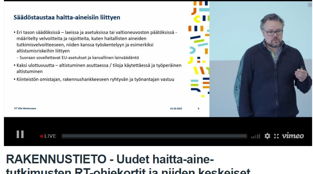 Ville Wartiovaara <a href="/RTryfi/">Rakennusteollisuus RT</a> : Kiertotalous, vihreä rahoitus ja ESG tuovat velvoitteita haitallisten aineiden selvittämiseen. Tilaajien ja tekijöiden apuna nyt uusitut haitta-aineiden RT-ohjekortit ja #KorjausRYL. Koulutus 13.10.2022 Rakennustieto Oy #RTkortisto #haitallisetaineet
