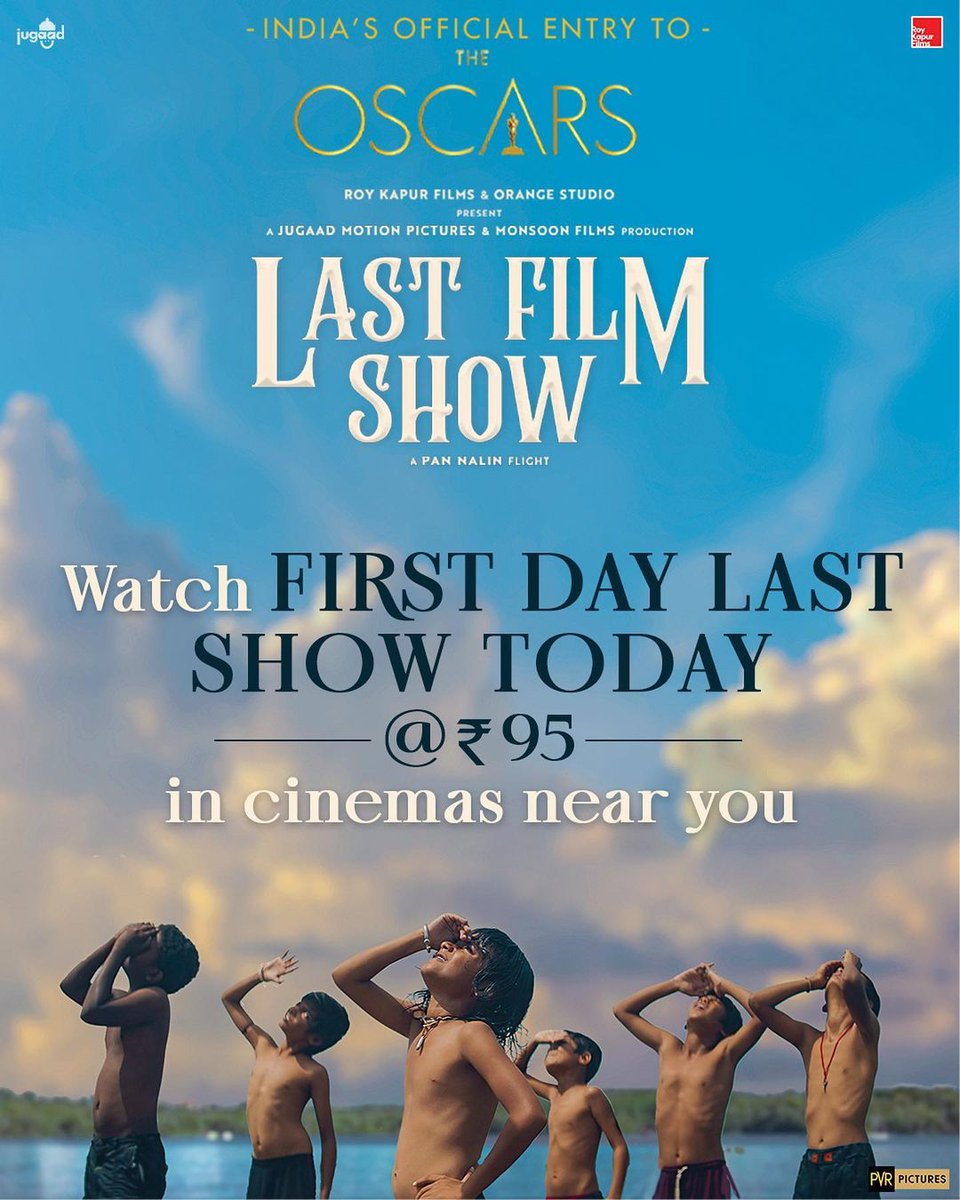 _PVRCinemas's tweet photo. Cinema listing for #LastFilmShow, India’s official entry to the 95th Oscars, across 95 cinemas for only ₹95 today. #FirstDayLastShow #ChhelloShowForOscars 🇮🇳 ✨ book now on: link in bio

#pannalin #jugaadmotionpictures #dnm_roots #lastfilmshow https://t.co/zIPFg5rjY0