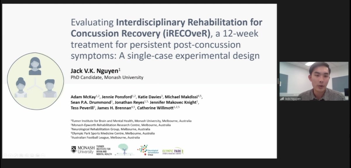 nrsigwfnr's tweet photo. And we're back at #nrsig2022 with @jackvknguyen w @adamjdmckay @jennpon @MERRC_Research reporting his PhD research on the iRECOveR program fr post-#concussion symptoms using a #SCED methodology https://t.co/I4VKRWpHnJ