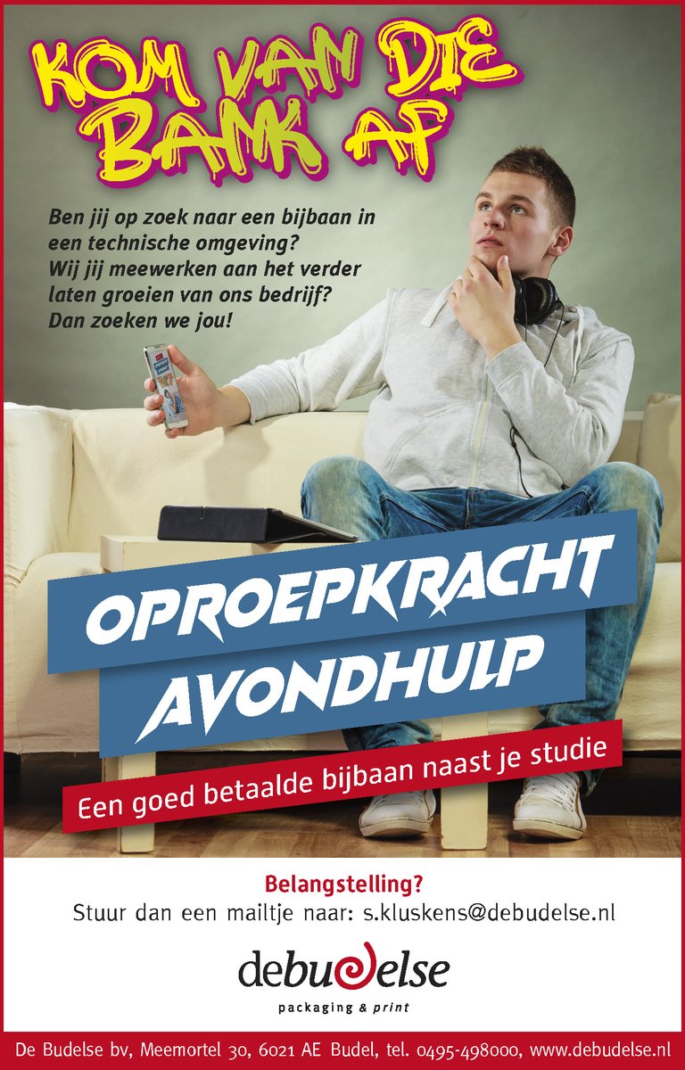 debudelse's tweet photo. Bijbaan naast je studie?  OPROEPKRACHT - AVONDHULP 💪
Belangstelling?
Stuur dan een mailtje naar: s.kluskens@debudelse.nl 
Of stuur een chatbericht via messenger.
#vacture #budel #cranendonck #bijbaan #weert #nederweert #brabant #drukkerij #studie https://t.co/uFuYTgFCbB