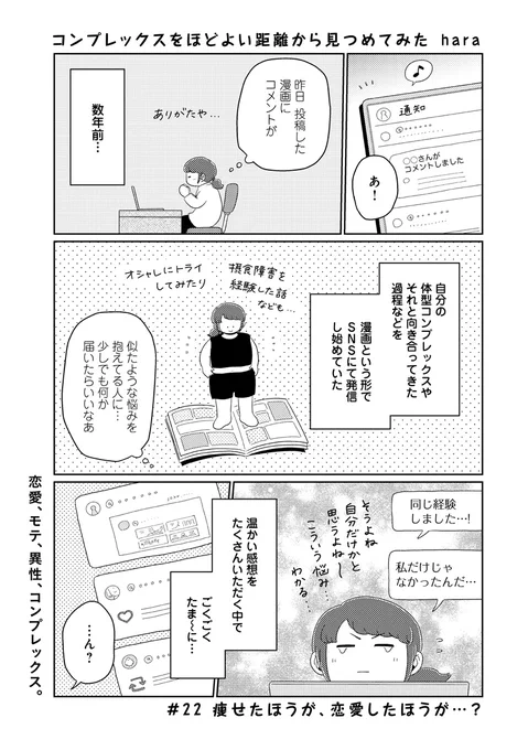 【📕更新💭】
 #コンプレックスをほどよい距離から見つめてみた 
📖第22回「痩せたほうが、恋愛したほうが…?」が更新されました!

SNSで突然届いた「痩せた方が異性にモテるよ」というコメントについて、
いろいろ思い出したり考えてみたり。

続きはこちらから📖
▶️ https://t.co/HGtdy2wld5 