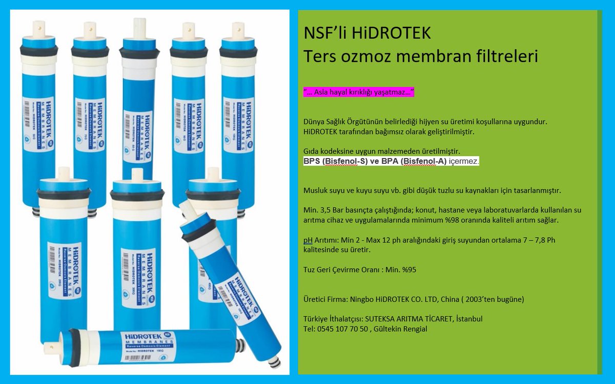 Türkiye ithalatçısı SUTEKSA ARITMA güvencesi ile
NSF'li Hidrotek membran filtrelerimiz stoklarımızda sınırlı miktarda mevcuttur.. Sipariş: 0545 107 70 50, gültekin / İstanbul