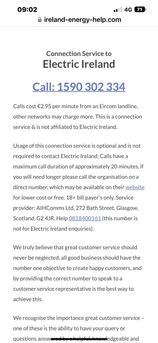 NursepollyRgn's tweet photo. Go to google, type in electric Ireland  …. This is the second option (when you read small print it says sponsored), €2.95 per min, you’ve to scroll down for the actual number, wonder how many have made error and rang the premium number ? @ElectricIreland https://t.co/EFiISG9rIr
