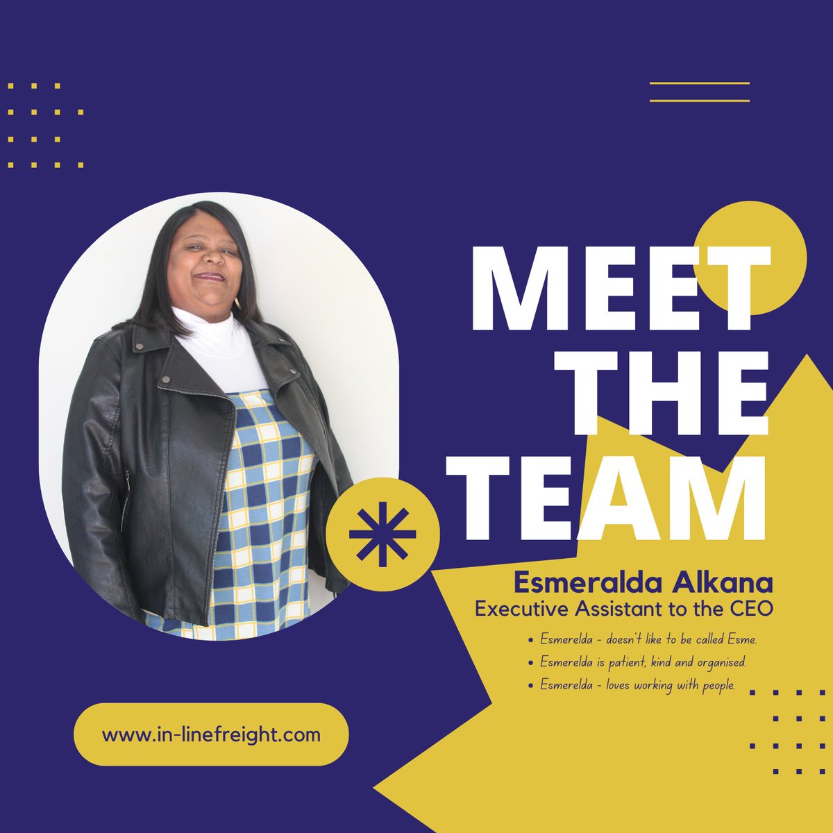 inlinefreight's tweet photo. Meet Esmeralda Alkana - the Executive Assistant to the CEO.

#meettheteamseries #professionalinlinefreightsolutions #inlinefreightsolutions #freightforwarder #meettheteam #freightforwarder #loveourteam #inlinefreightfamily https://t.co/9dxp9y8DiI