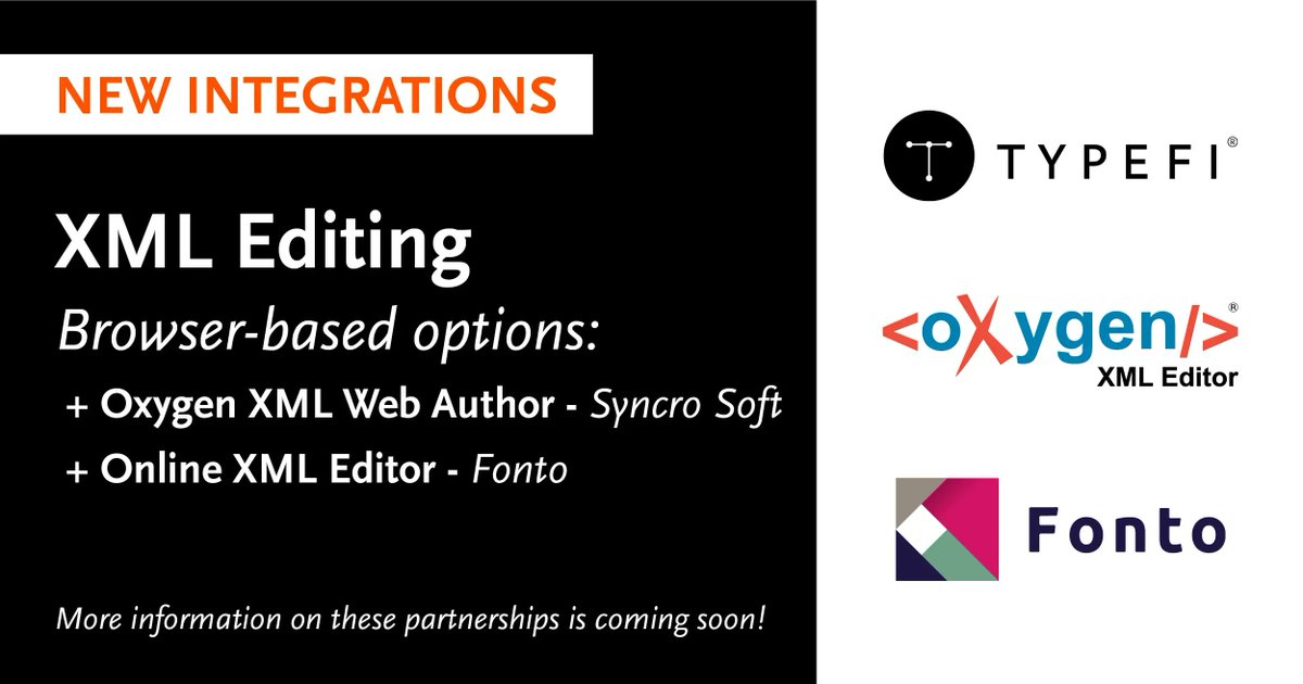 typefi's tweet photo. ⚡️Breaking news! Typefi is proud to announce two fantastic new integrations with partners @syncrosoft and their #OxygenXML Web Author, and @FontoXML with their #DITA online #XML Editor. Stay tuned for more on these browser-based #XMLEditor options! #TypefiUserConference2022 https://t.co/3ARboN6rPz