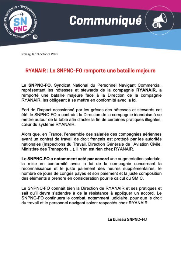 ❌ RYANAIR : Le SNPNC-FO remporte une bataille majeure ✊
