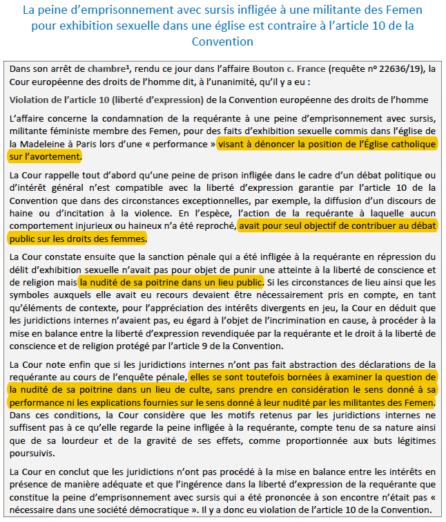Liberté d'expression : La #France a violé la #CEDH en raison de la condamnation d'une militante #Femen pour exhibition sexuelle.

Car sa protestation seins nus dans une église au sujet de l'avortement relève du "débat public sur les droits des femmes".

=> bit.ly/3T1tPQ4