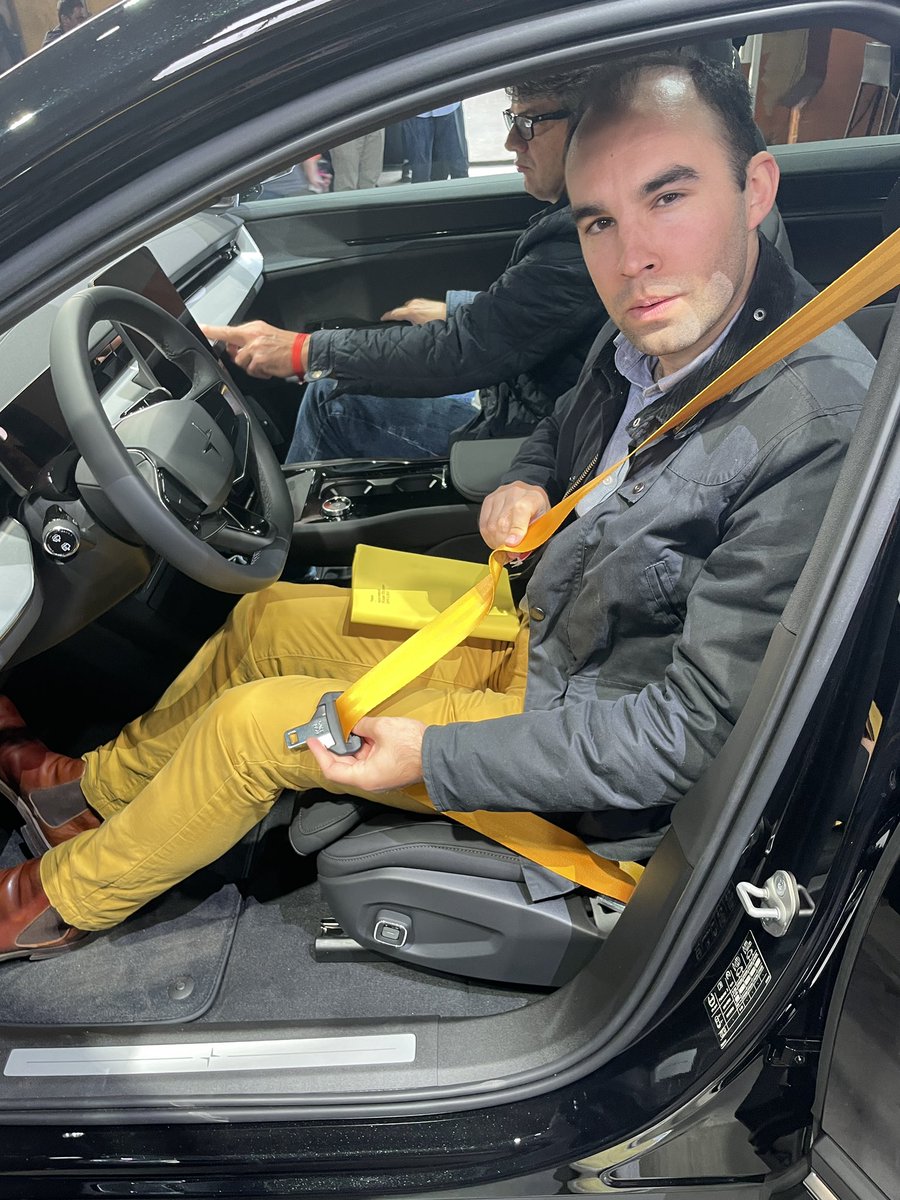 JRRBatchelor's tweet photo. Poor mark for @PolestarCars 3 here - seat belts don’t quite #BatchMatch my trousers https://t.co/q9oxpLswvw