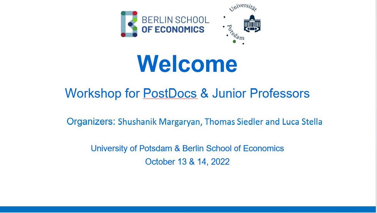 Lucastella28's tweet photo. 🗓️Today we start with the "Workshop for PostDocs &amp; Junior Professors" at @unipotsdam! I am looking forward to two days full of interesting presentations and discussions.
@shushmargaryan @ThSiedler @cepa_unipotsdam @FU_Berlin @BSE_Berlin @JFKI_Econ #EconTwitter #BSEPostDJProf22 https://t.co/b7Ao5p8f3l