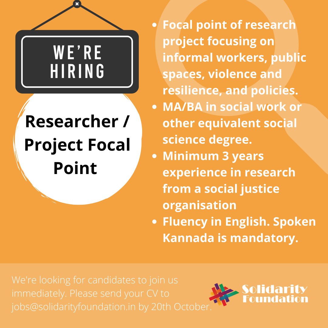 SolidarityFoundation (@solidarityfound) on Twitter photo We are #hiring!
This role involves project management and research. We believe in affirmative action and encourage folks from marginalised backgrounds to apply.
Read more about the role here: bit.ly/JD-SF-GSG
Send in your CVs: jobs@solidarityfoundation.in | 20th Oct. We are #hiring!
This role involves project management and research. We believe in affirmative action and encourage folks from marginalised backgrounds to apply.
Read more about the role here: bit.ly/JD-SF-GSG
Send in your CVs: jobs@solidarityfoundation.in | 20th Oct.