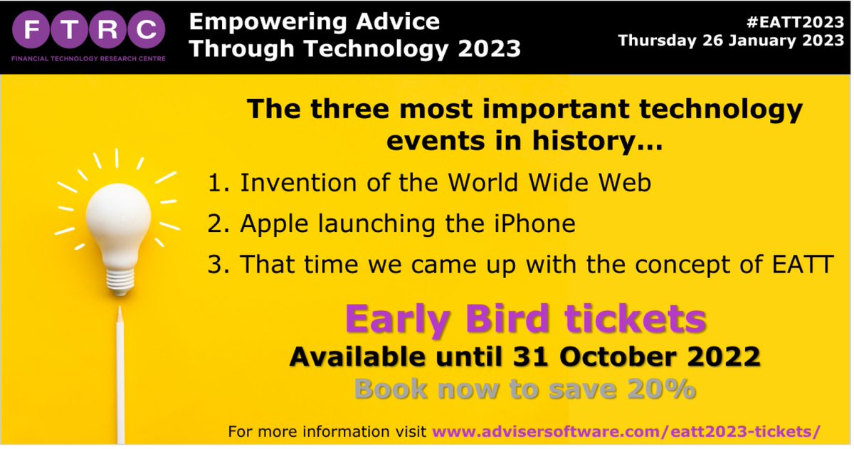 #EATT2023 is a one-of-a-kind conference that will help you rethink how you use technology in your business. This one-day event will be packed with practical tips that you can implement straight away. 

Join us in London on 26 January 2023. 
advisersoftware.com/eatt/
