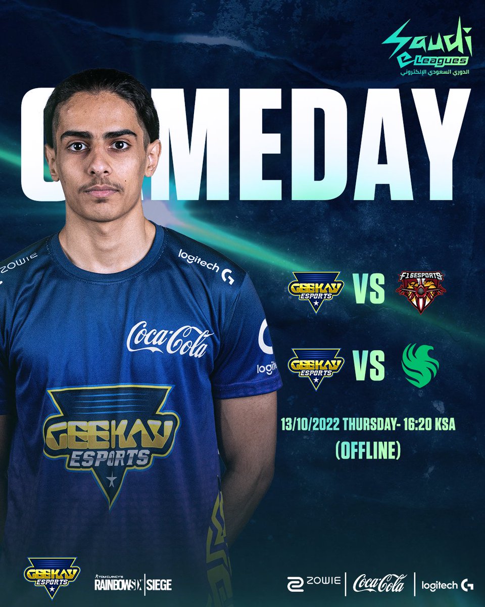 geekay_esports's tweet image. The matches of @saudieleagues are as follows: 

13/10/2022 
🆚 @F16Esport
🕟 4:20 PM KSA TIME 
OFFLINE ⭕️

🆚 @FalconsEsport  
🕗 8:00 PM KSA TIME 
📺Twitch.tv/saudieleagues📺

#GK_FTW #LogitechXgeekay #ZOWIExGK #COCACOLAxGK #R6SIEGE #الدوري_السعودي_الإلكتروني