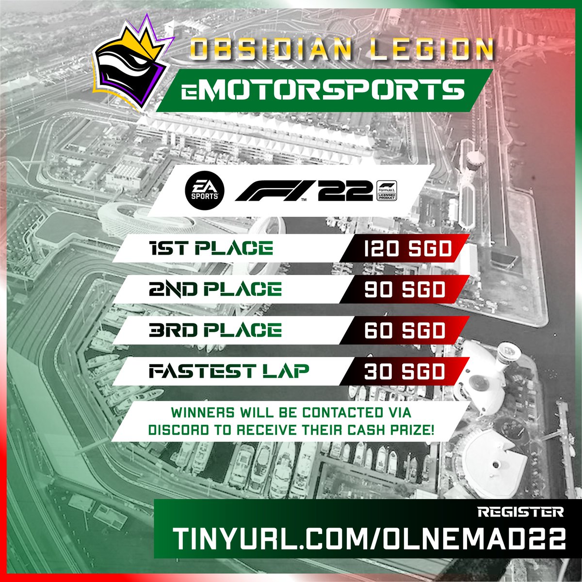 OLNSG's tweet photo. Our 2nd race in #F122game takes us to the Yas Marina Circuit!

💰 Cash prize pool of 300 SGD! Podium places and fastest lap!

➡️Register: https://t.co/itTmyaFfzb
❌Registration closes: 20th October, 2359hrs

❓Handbook can be found in bio link!
❓Dm us if you have any questions! https://t.co/IdsmMkiyjF