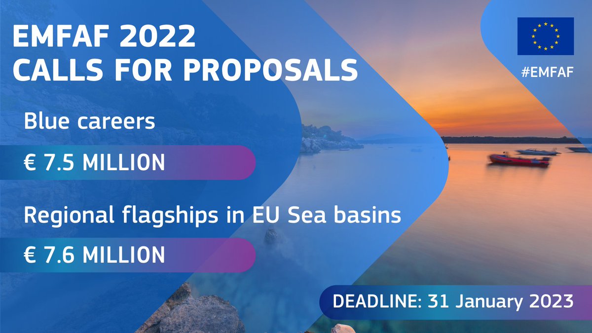 📣📣Two new #EMFAF Calls for proposals opened today! EUR 15.1 million are available for Calls for proposals on #BlueCareers and Regional Flagships projects in #EUSeaBasins ⏰Apply now and don't miss the Info Day on 24 November in Brussels⤵️ europa.eu/!Gqycw3