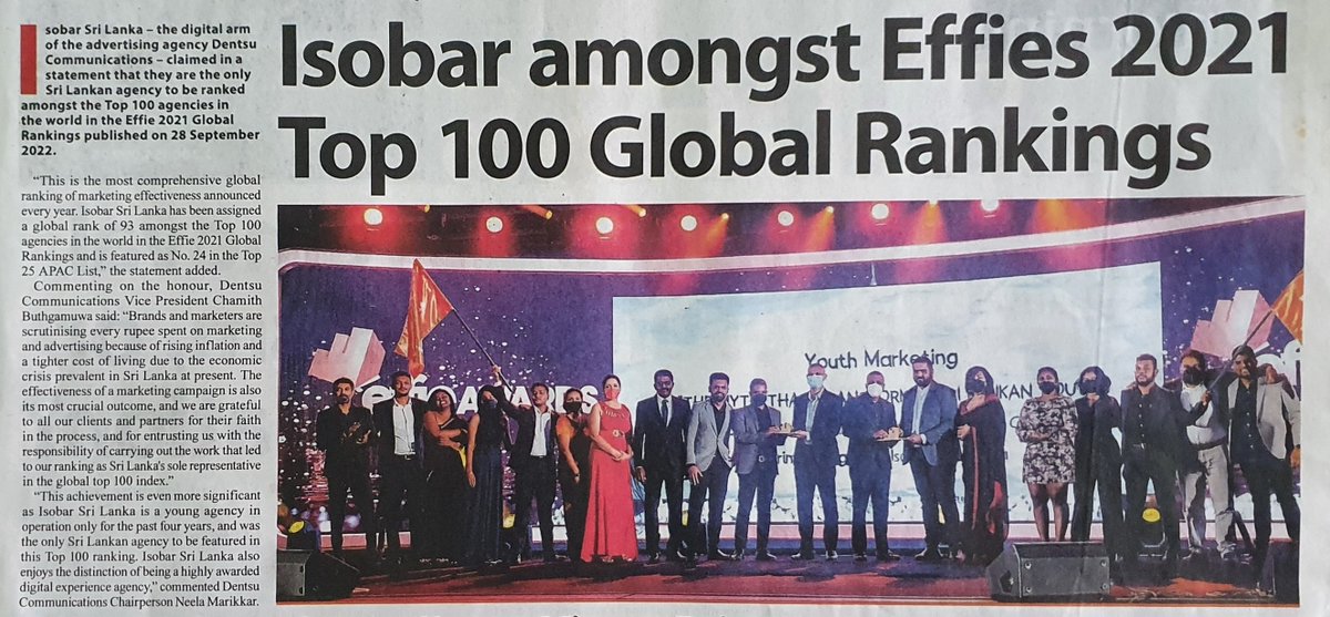 After only four years as Isobar Sri Lanka, we are ranked No. 24 in APAC and No. 93 globally: We are the only Sri Lankan agency to be ranked among the world's top 100 most effective agencies.  🇱🇰 😌
LINK 👉 bit.ly/EffieIndex
#dentsu | #EffieAwards | #isobar