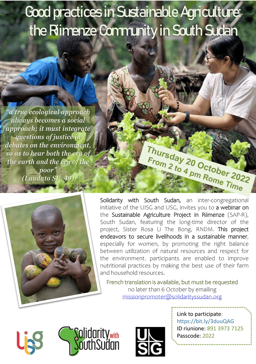 uisg_superiors's tweet photo. 💡Online webinar "Good practices in Sustainable Agriculture: the Riimenze Community in South Sudan"
📆 October 20th, 2pm - 4pm (Rome time) 
Read more: https://t.co/lsCVu0iK1H
@SolidaritySS @UnioneUsg 
#UISG  #UISGEvent #UISGFormation #Environment #Respectenvironment https://t.co/8L8FbdZUDx