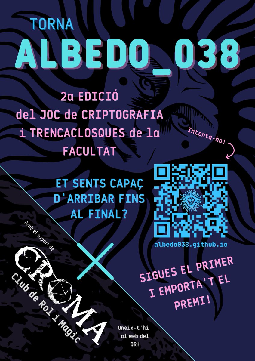 Albedo_038_UB's tweet photo. Ja està aquí la 2a edició del JOC de CRIPTOGRAFIA i TRENCACLOSQUES de la facultat de Física i Química! https://t.co/TMirNb1Kjg