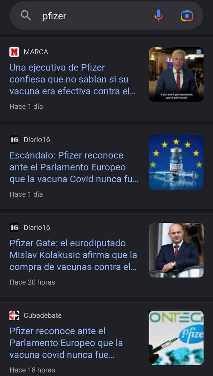 crismartinj's tweet photo. 48 horas después de que saltara la noticia, buscas #Pfizer y encontramos la noticia sobre el escándalo solo en Diario 16, en un diario deportivo y en uno de Cuba. ¿Cómo llamaríais a eso?
#PfizerGate https://t.co/IMMeyVMdRX
