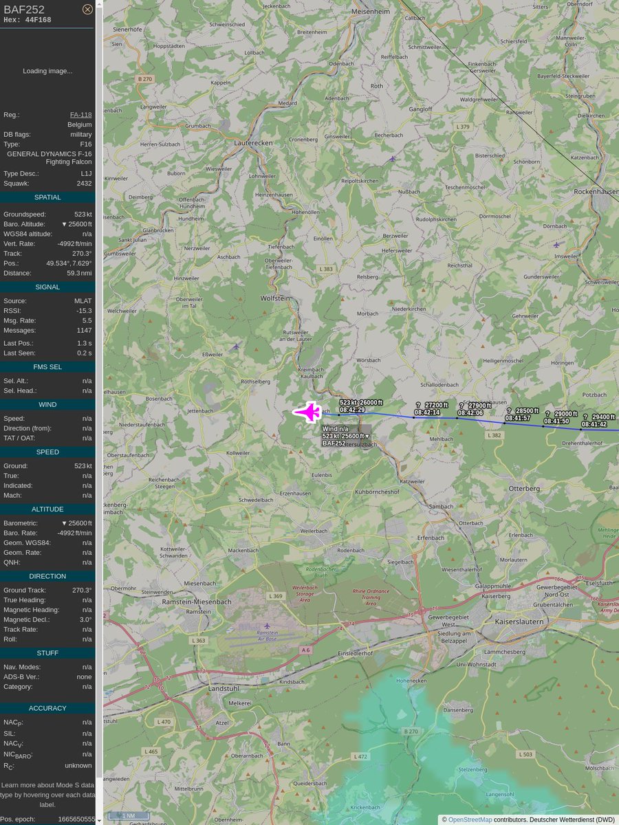 AKoeppern's tweet image. #PlaneAlert ICAO: #44F168 Tail: #FA118 Flt: #BAF252 
Owner: #BelgianAirComponent
Aircraft: #F-16 Fighting Falcon
2022/10/13 10:41:39
#F16 #YouJustLostARefinery #FighterJet #Luchtcomponent youtu.be/DyruzLjVwbc?t=… 
globe.adsbexchange.com/?icao=44F168&amp;amp;s…