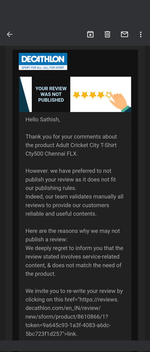 psatzs's tweet photo. Product had stitching issue which i had mentioned. But a mail came in reply will not publish this review @Decathlon_India why u need a review? https://t.co/NEmy9g8HYq