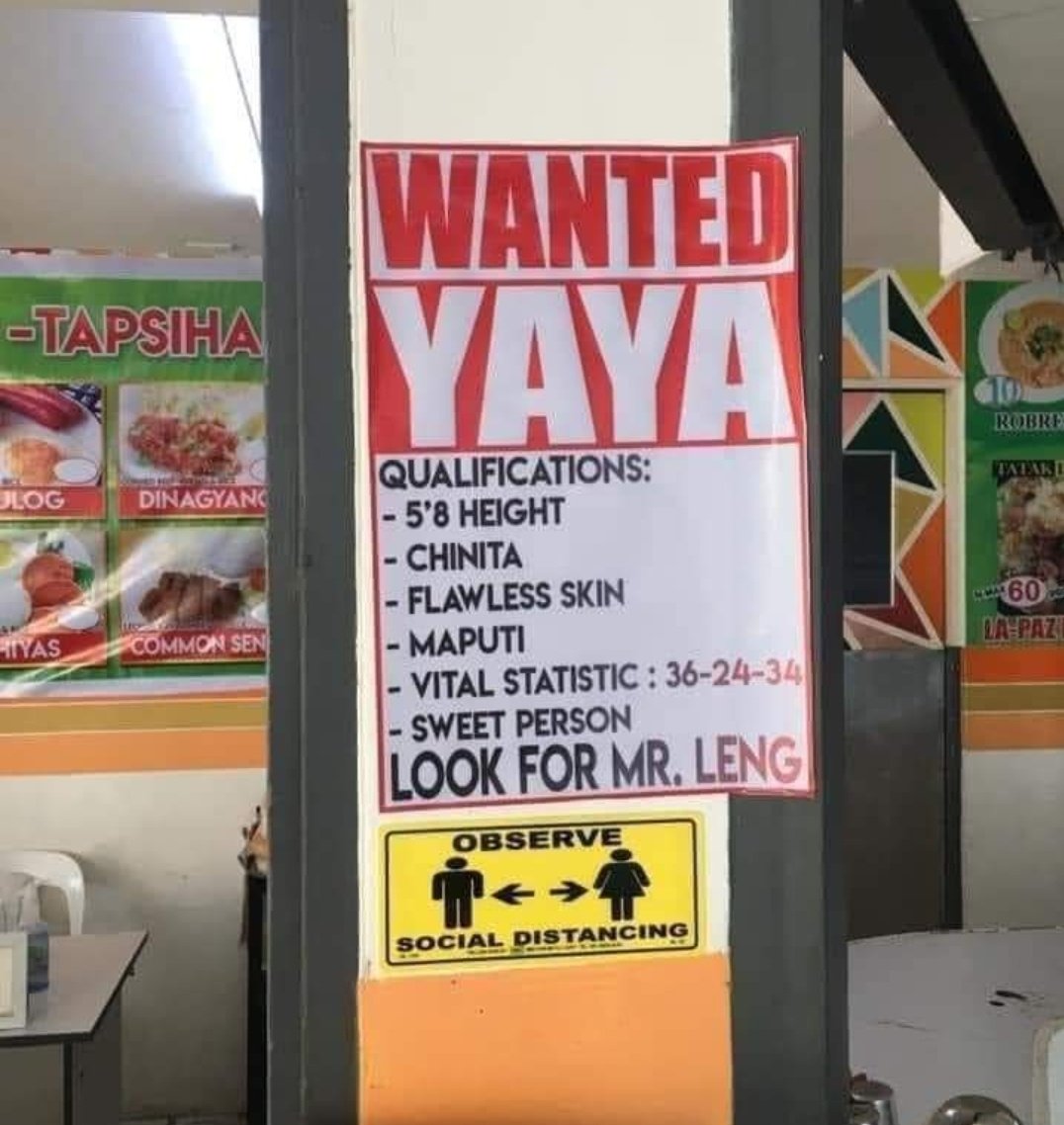 Wanted Yaya, pero pang beauty pagent ang mga qualifications!
🤣🤣🤣