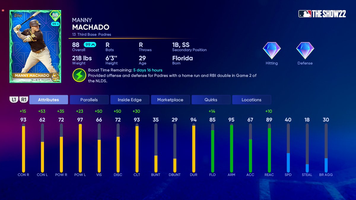 MLBTheShow's tweet photo. “El Ministro” doing it all in Game 2 of the NLDS! 💪🇩🇴

Enjoy 6️⃣ days of a 🔋 #Supercharged🔋 Manny Machado.

#MLBTheShowSC #CaptureTheMoment https://t.co/u9oQZUe4XP