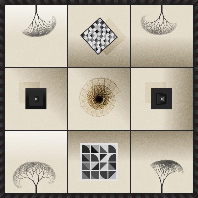 Tell Another - a 3x3 panel made from <a href="/framergence/">Arihz</a> The Panels collaborative gen art project.