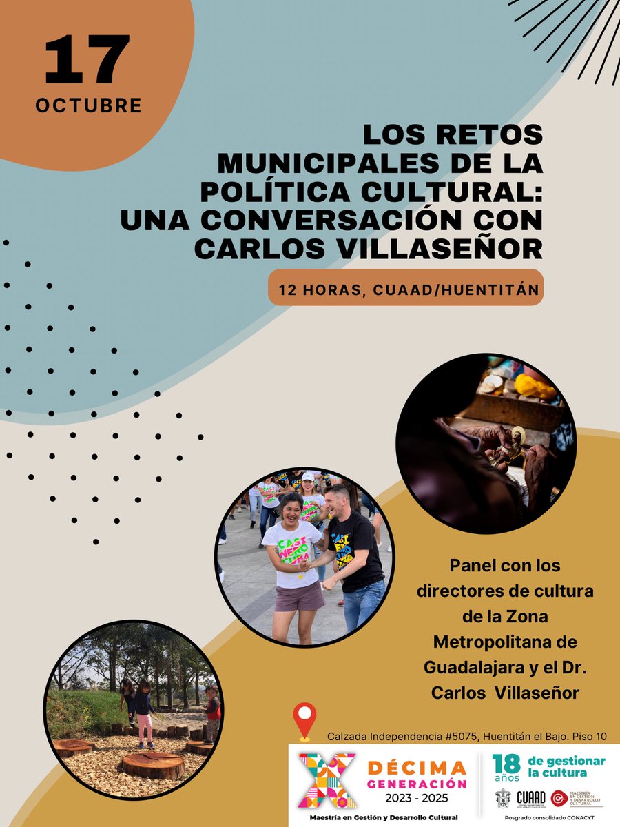 Los directores de Cultura de la Zona Metropolitana de Guadalajara estarán reunidos en un diálogo con el Mtro. Carlos Villaseñor. La cita es este lunes 17 de octubre a las 12 horas en el <a href="/CUAAD_UdeG/">CUAAD_UdeG</a>   Nos vemos en el piso 10