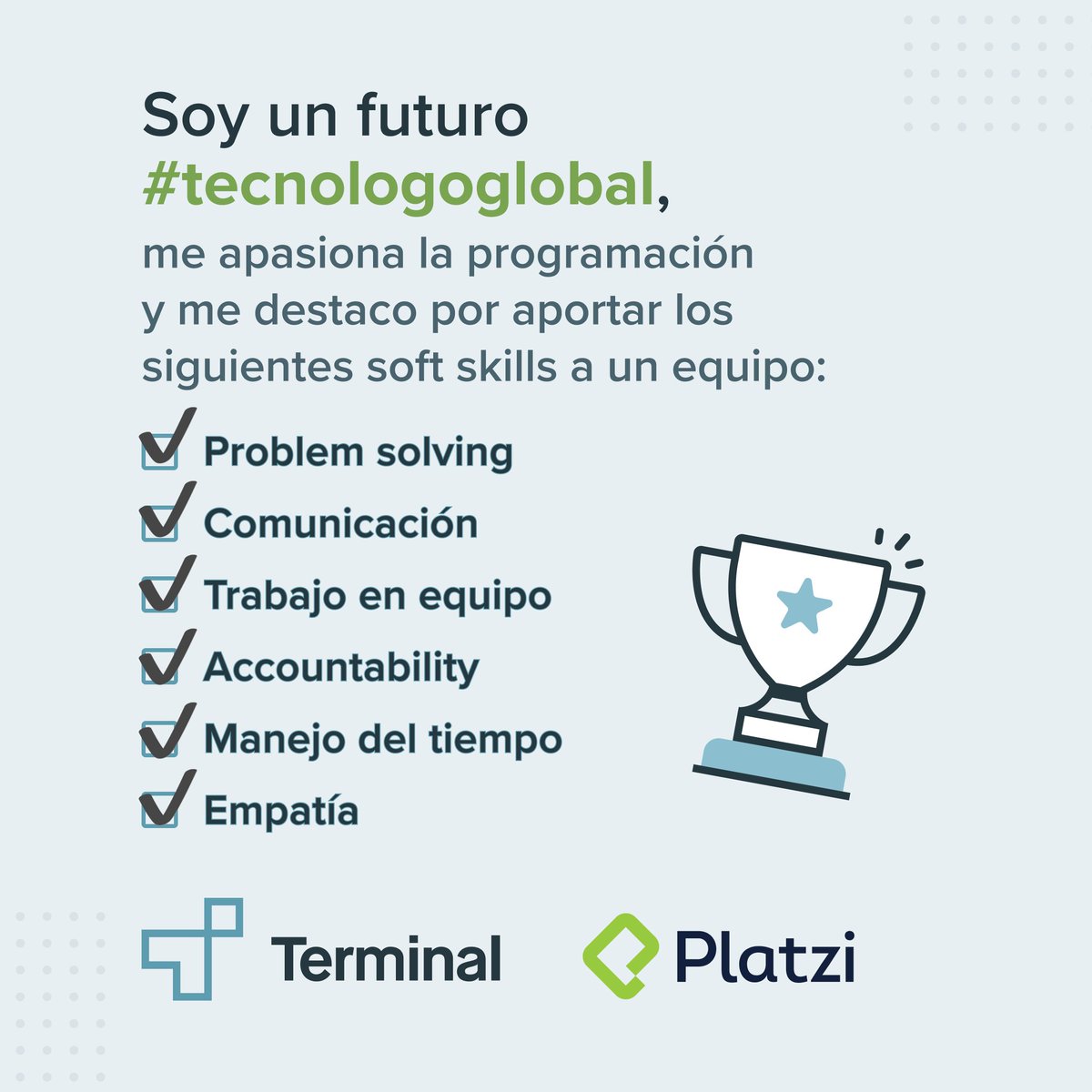 Estoy participando en el desafío Futuros Tecnólogos Globales de <a href="/platzi/">Platzi</a> y <a href="/terminal/">ArnettaPatterson</a>, y me vino excelente en mi camino para re-insentarme en la industria del desarrollo de software. 

Nada más los dos cursos de inglés y la capacitación para CV y LinkedIn son ✨
#tecnologosglobales