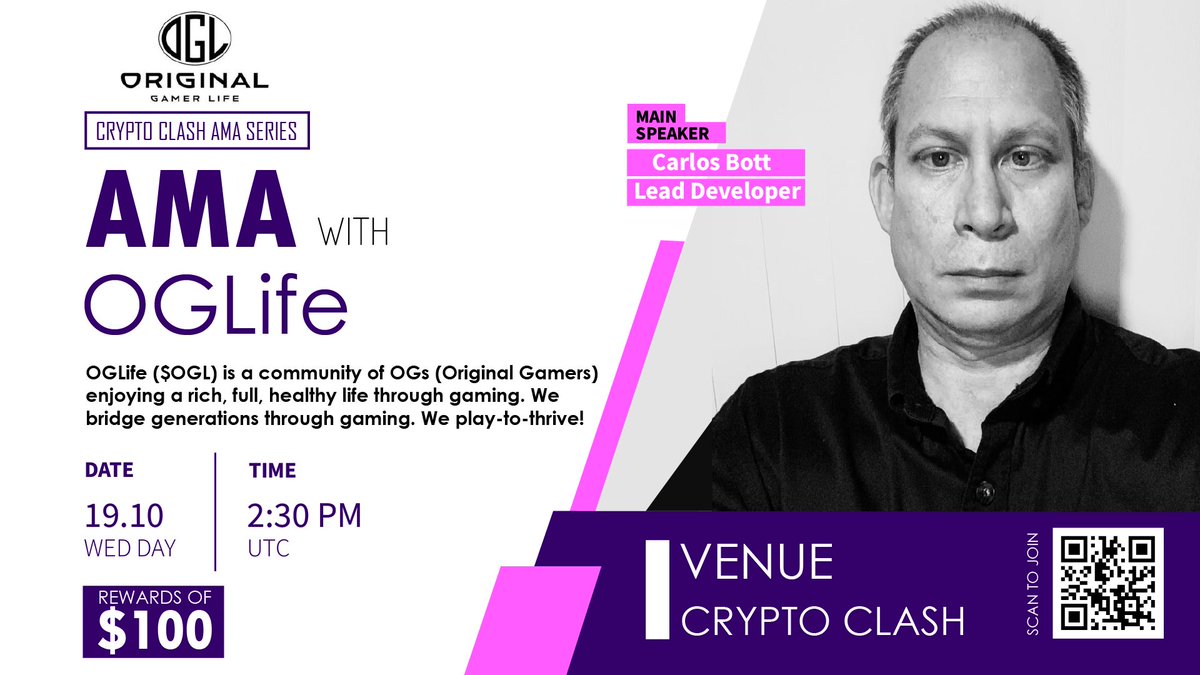 ⚔️AMA Series With Original Gamer Life 🎁Prize: 100$ USDT 📆Date: October 19th 2022 2:30 PM UTC 🏨 Venue: t.me/cryptoclashglo… 〽️ Rules: 1️⃣. Follow @CryptoClash1 & @OGLifeOGL 2️⃣. Like Retweet & Comment Your Questions (5 Questions Max) Tag 3 friends.