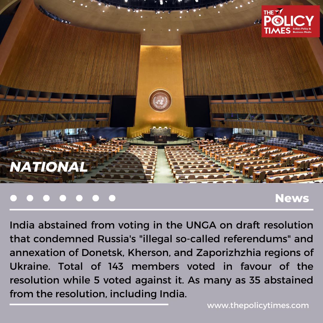thepolicytimes's tweet photo. India abstained from voting in the UNGA on draft resolution that condemned Russia's "illegal so-called referendums" and annexation of Donetsk, Kherson, and Zaporizhzhia regions of Ukraine.
.
.
.
#NationalNews #india #unga #UNGA2022 #donetsk #kherson #Zaporizhzhia #ungavoting https://t.co/SPxRzO80hK