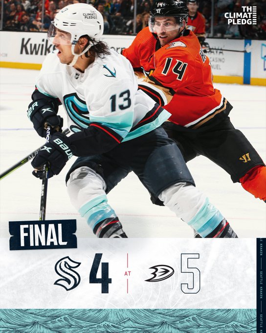 final score graphic with image brandon tanev battling for puck final score was Kraken: 4 Ducks: 5