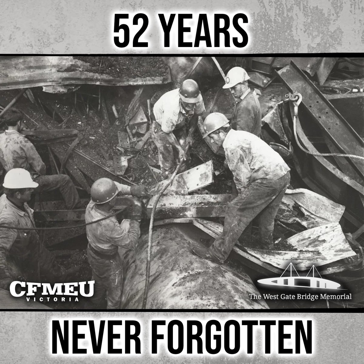 On the 15th October each year, we gather to remember Australia’s worst construction industry accident and its 35 victims. This year is the 52nd anniversary of the collapse, we will gather under the bridge on Douglas Parade in Spotswood at 11:15am #ausunions #cfmeu