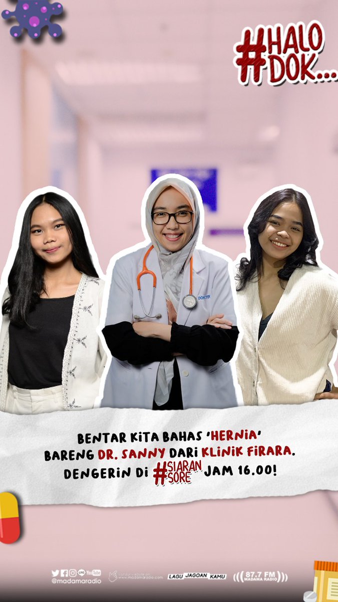 madamaradio's tweet photo. Paramudaa! Jangan lupa hari ini @charolinstefany & Masyita di #siaransore bakal kedatangan dr. Sanny dari @ddklinikmks β¨ special #halodok hari ini kita bakal ngobrol seru tentang 'Hernia'. Stay tuned yaaaπ https://t.co/Fbe9UFQ5h8