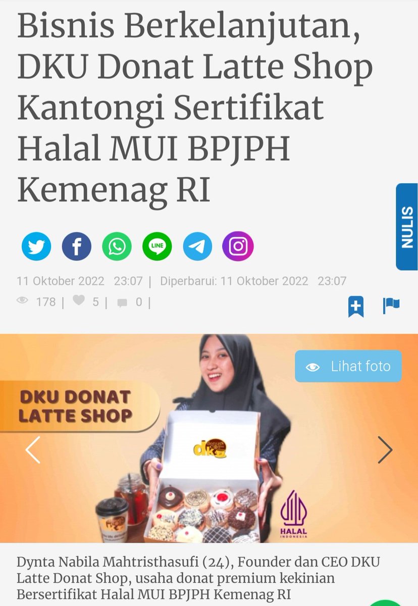 nabdynta's tweet photo. Usaha donat premium kekinian DKU Latte Shop Indonesia, kantongi label halal untuk produk donat, cake &amp; bakery. Sertifikat Halal DKU Latte Shop resmi diterbitkan oleh Badan Penyelenggara Jaminan Produk Halal Kemenag RI, tgl 28/08/2022, dengan nomor sertifikat ID35110000447790622. https://t.co/QE4pgmTxkG